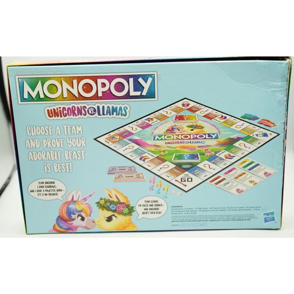 Monopoly Unicorns Vs Llamas Board Game Hasbro Used Complete Damaged Box - Picture 3 of 6